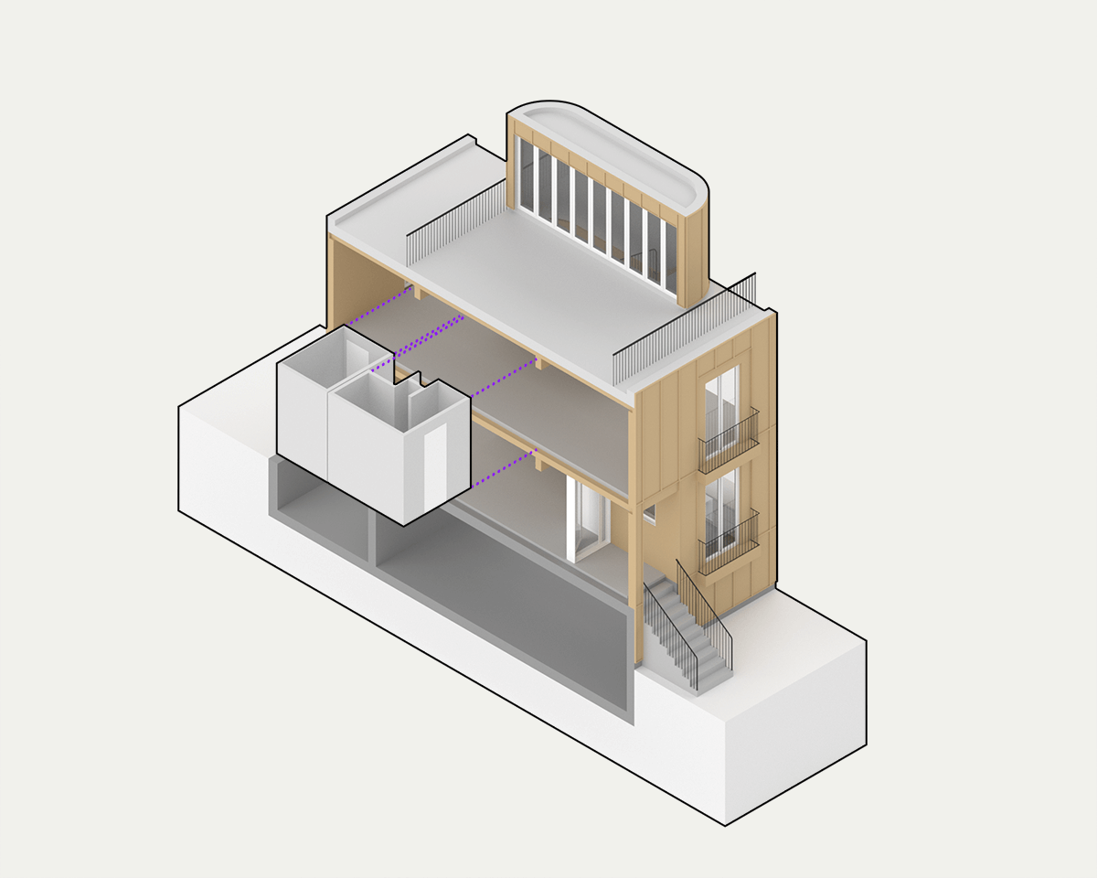 Isometric blow up diagram of a section of Apt's standardized Los Angeles product showing its prefabricated bathroom pods.