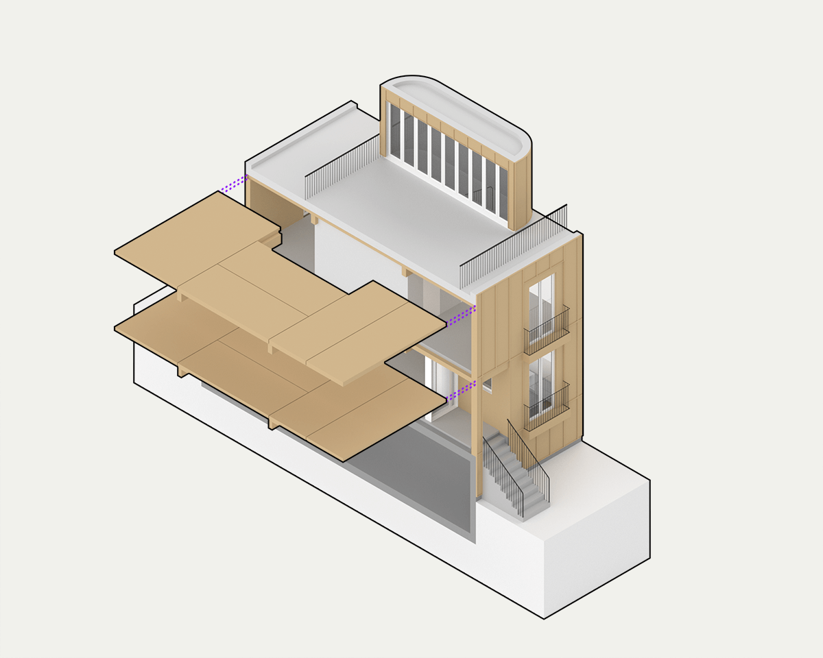 Isometric blow up diagram of a section of Apt's standardized Los Angeles product showing its CLT flooring.