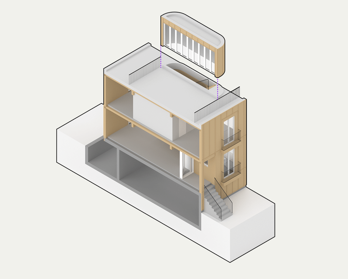 Isometric blow up diagram of a section of Apt's standardized Los Angeles product showing its prefabricated roof access covering module.