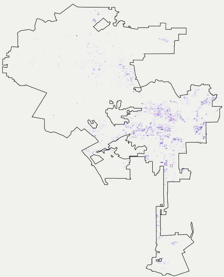 Map of underutilized parcels in the City of Los Angeles laid over the boundary of the city.