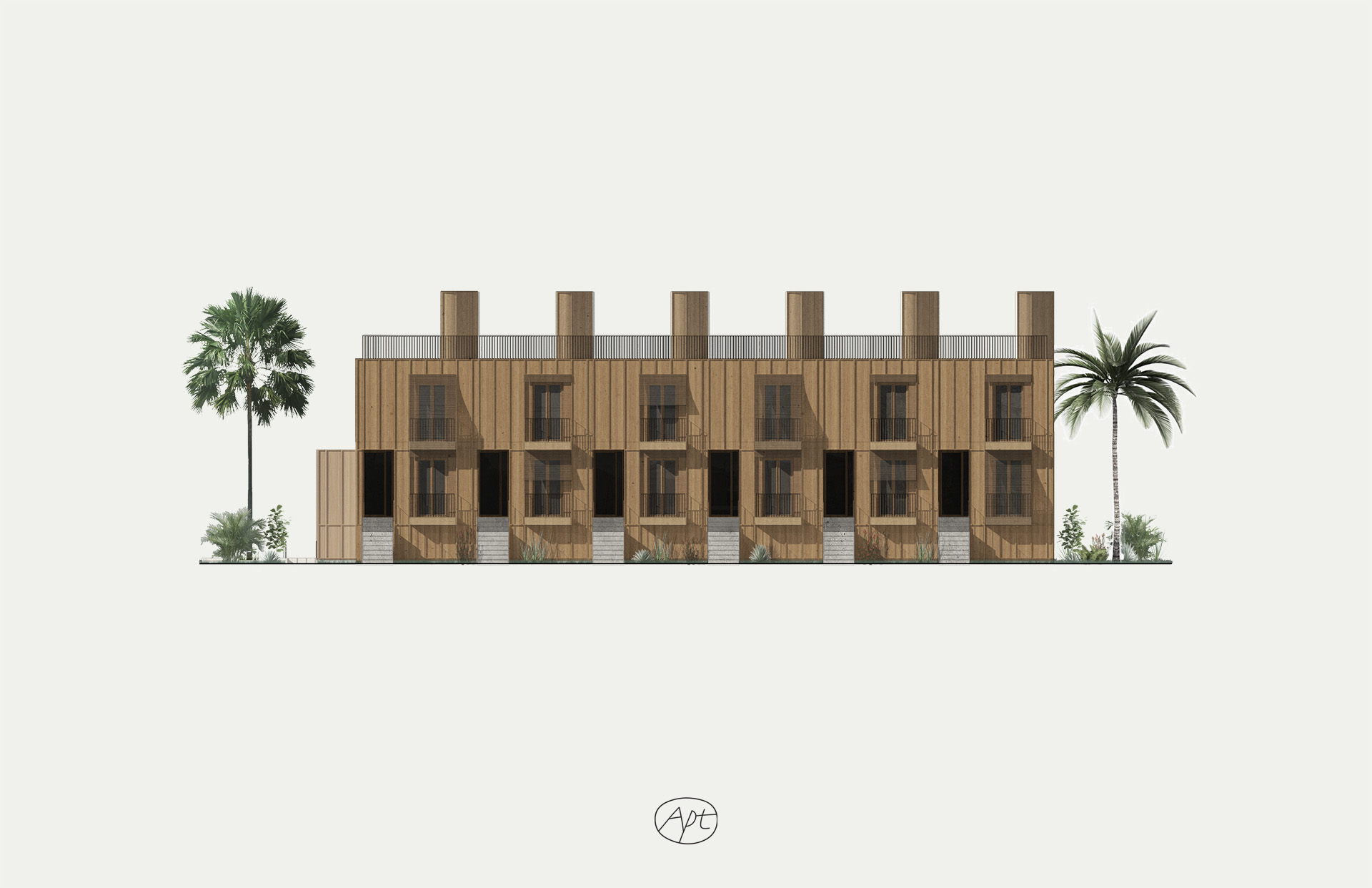 Entry side elevation of Apt's standardized 6-unit residential building in Los Angeles, CA.
