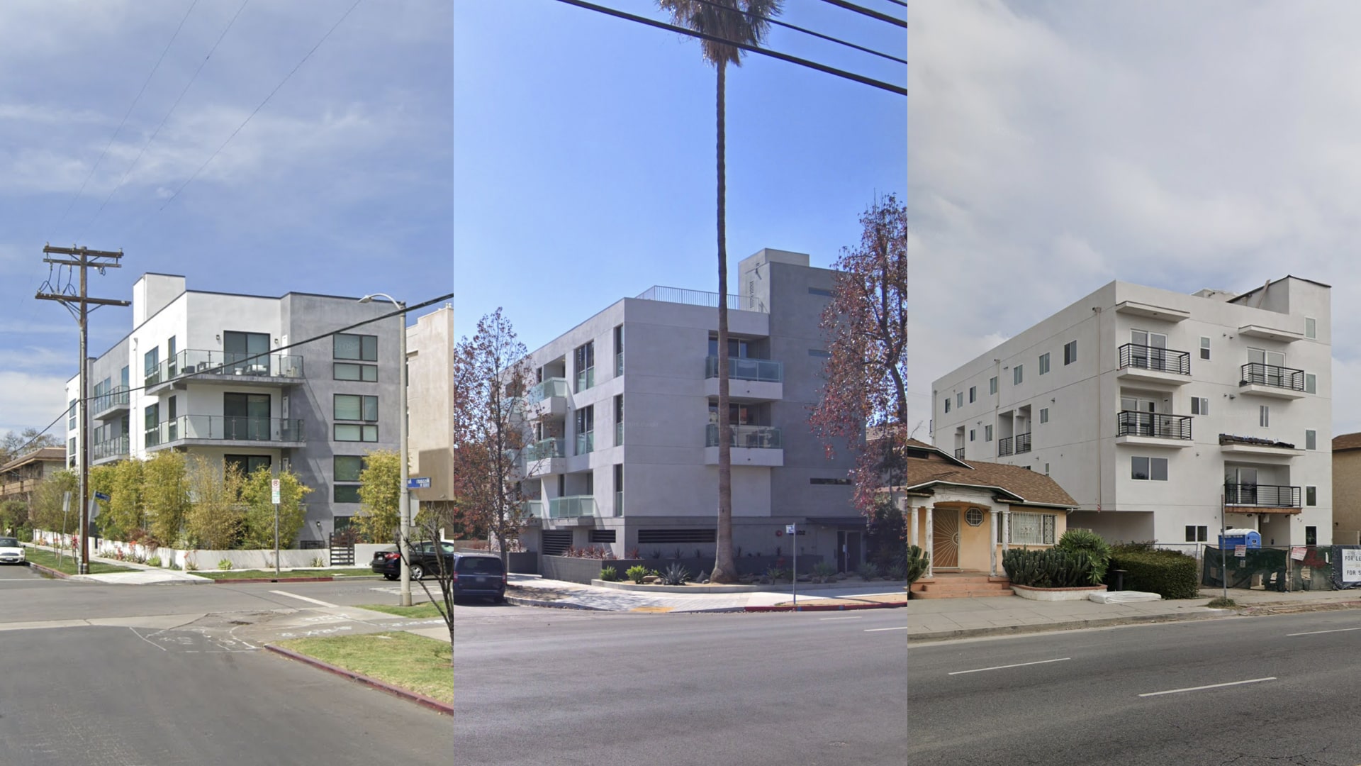 Photos of three new loe-rise multifamily buildings in Los Angeles that look very much alike.